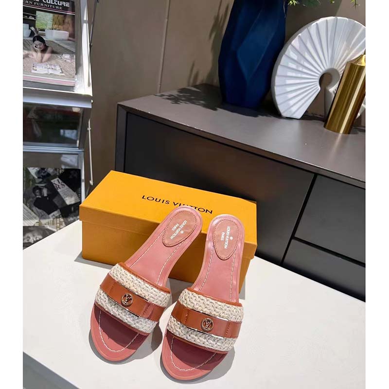 Louis Vuitton LV Women Lock It Flat Mule Cognac Brown Raffia Calf Leather