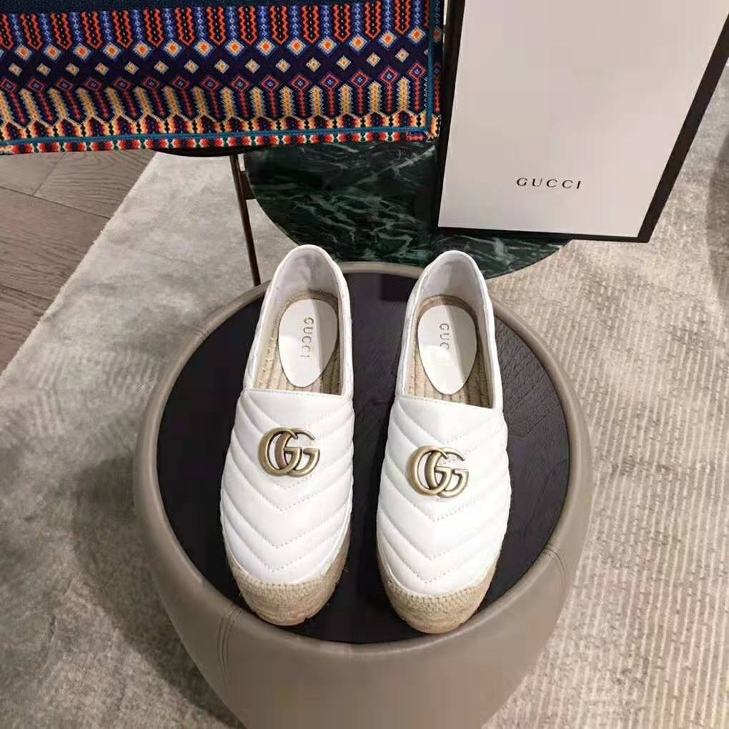Gucci Women Leather Espadrille with Double G in Matelassé Chevron Leather-White