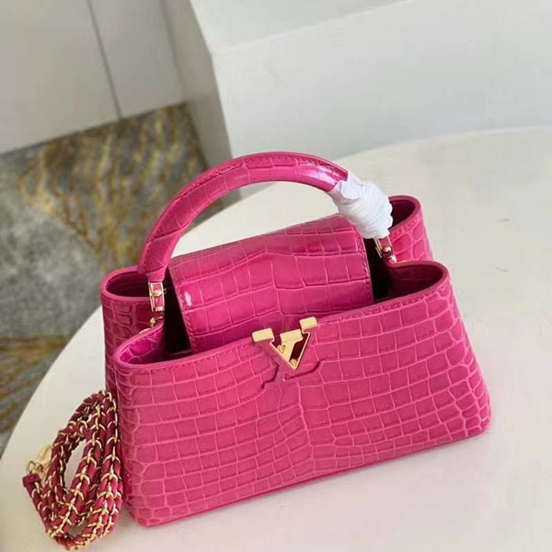 Louis Vuitton LV Women Capucines BB Handbag Pink Crocodilian Leather