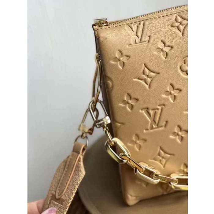 Louis Vuitton LV Women Coussin PM Handbag Camel Monogram Embossed Puffy Lambskin Calfskin Leather