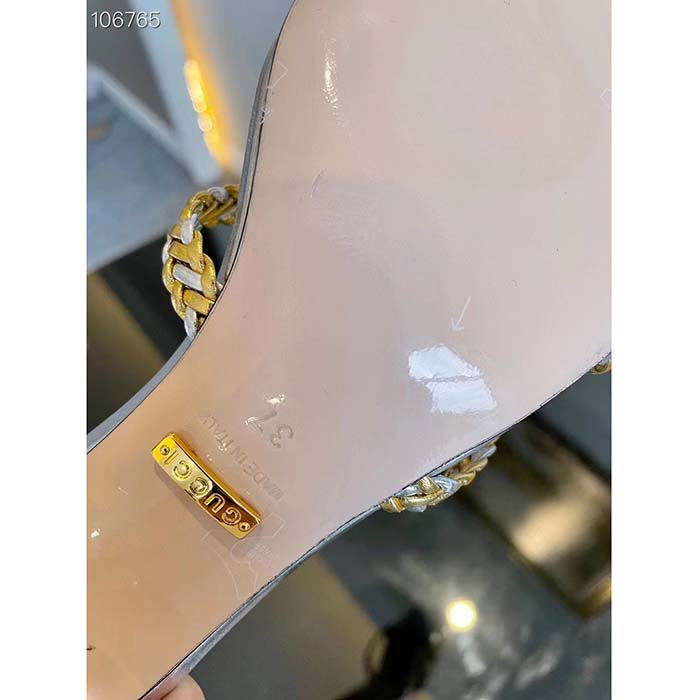 Gucci Women GG Nojum Slide Sandal Metallic Platinum Silver Braided Leather Mid-Heel