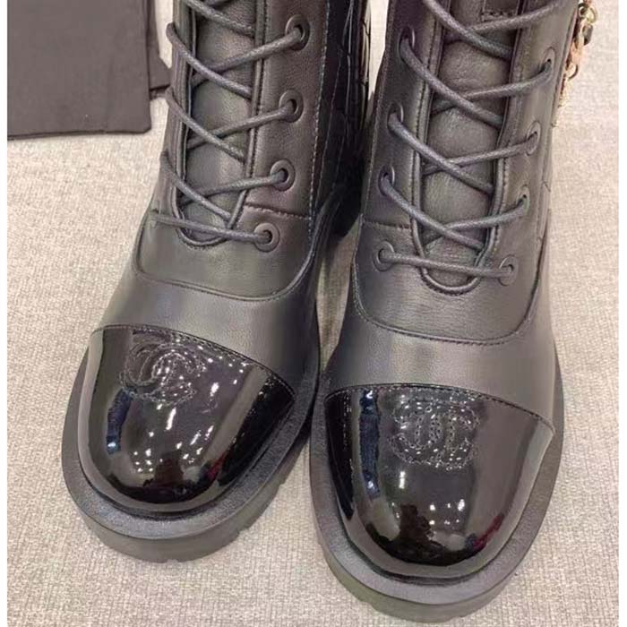 Chanel Women CC Lace-Ups Boots Lambskin & Grained Calfskin Black 4 Cm Heel
