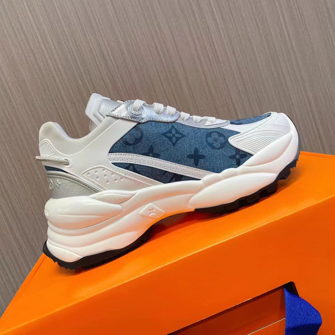 Louis Vuitton Unisex Run 55 Sneaker Denim Blue Monogram Flowers Lifted Rubber LV Circle Initials