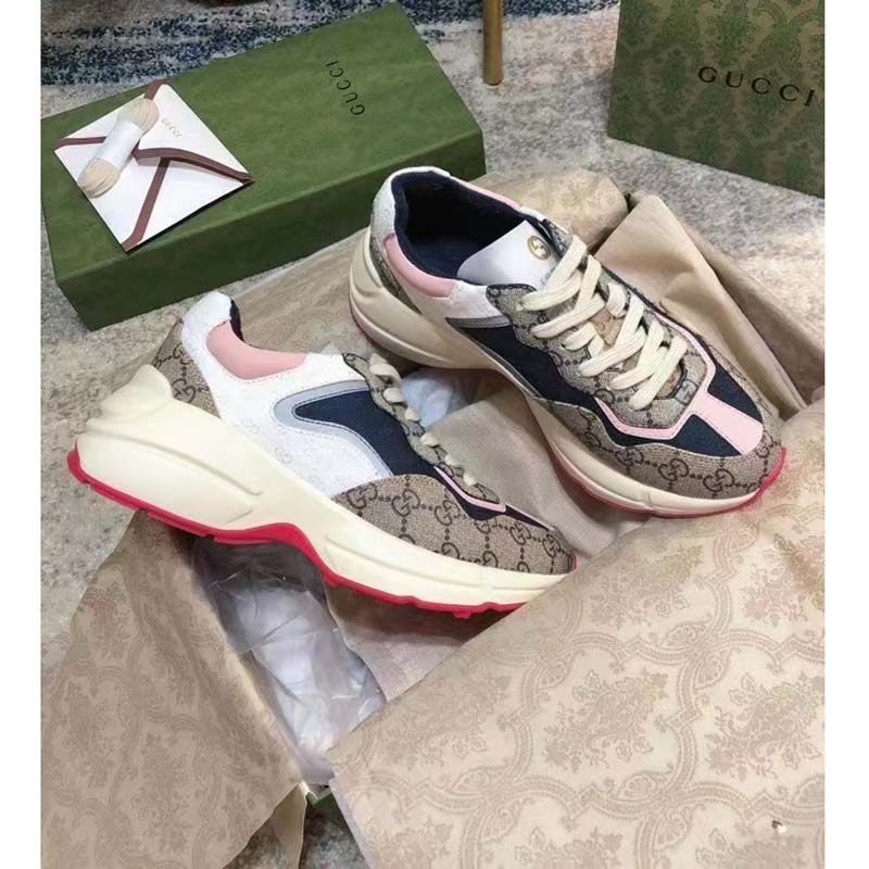 Gucci Women GG Rhyton Sneaker Beige Ebony Blue Supreme Canvas Low 4 cm Heel