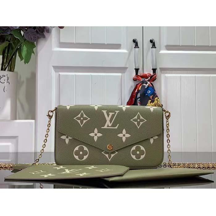 Louis Vuitton LV Women Félicie Pochette Light Khaki Cream Monogram Empreinte Embossed Grained Cowhide Leather