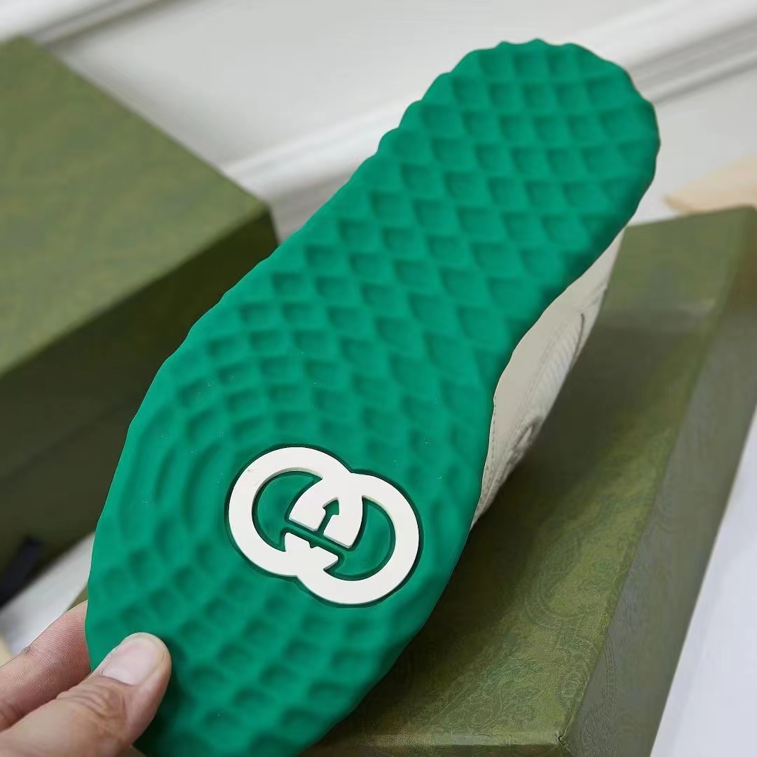 Gucci Unisex GG MAC80 Sneaker Off White Green Leather Round Toe Rubber Flat