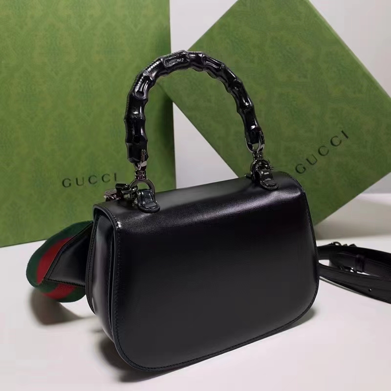 Gucci Women GG Bamboo 1947 Small Top Handle Bag Black Leather Bamboo Hardware