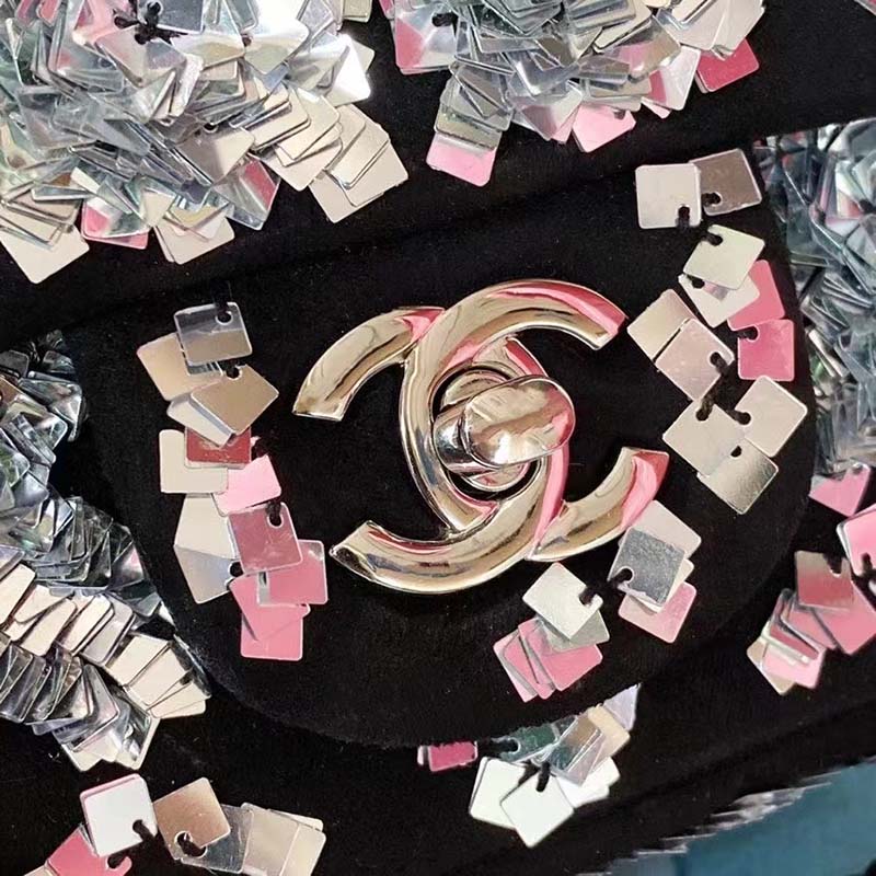 Chanel Women CC Classic Handbag Embroidered Velvet Sequins Silver-Tone Metal Black Silver