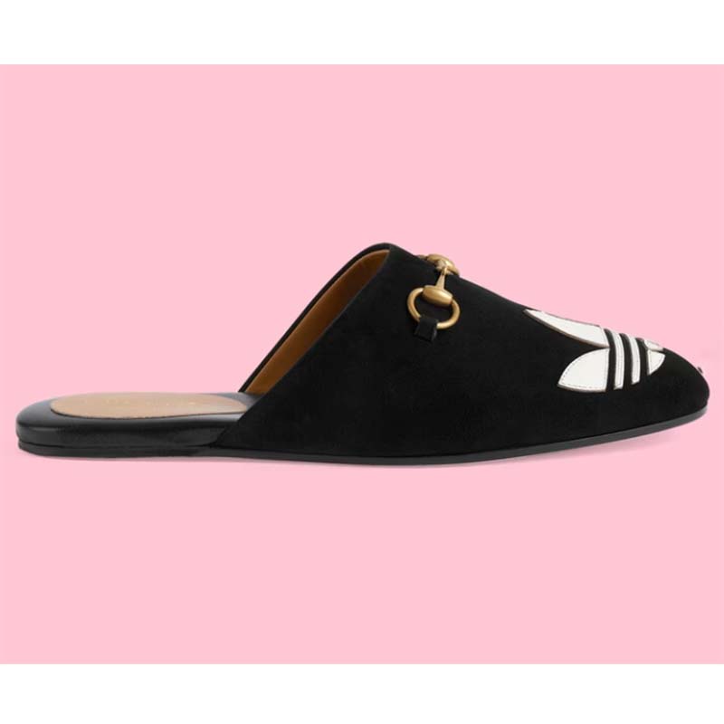 Gucci Women GG Adidas x Gucci Women’s Trefoil Slipper Black Suede Flat