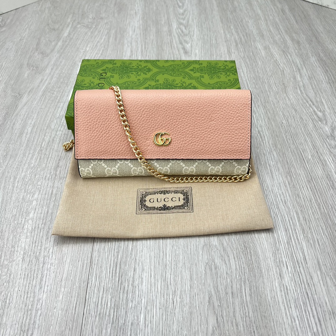 Gucci Women GG Marmont Chain Wallet Beige White GG Supreme Canvas Pink Leather