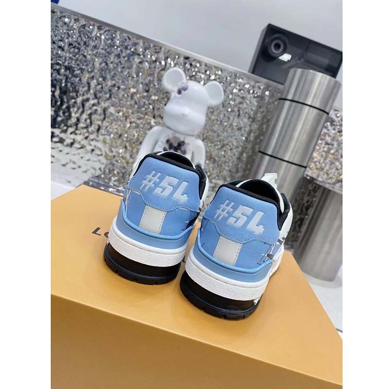 Louis Vuitton LV Unisex Trainer Sneaker Blue Printed Calf Leather Rubber Outsole