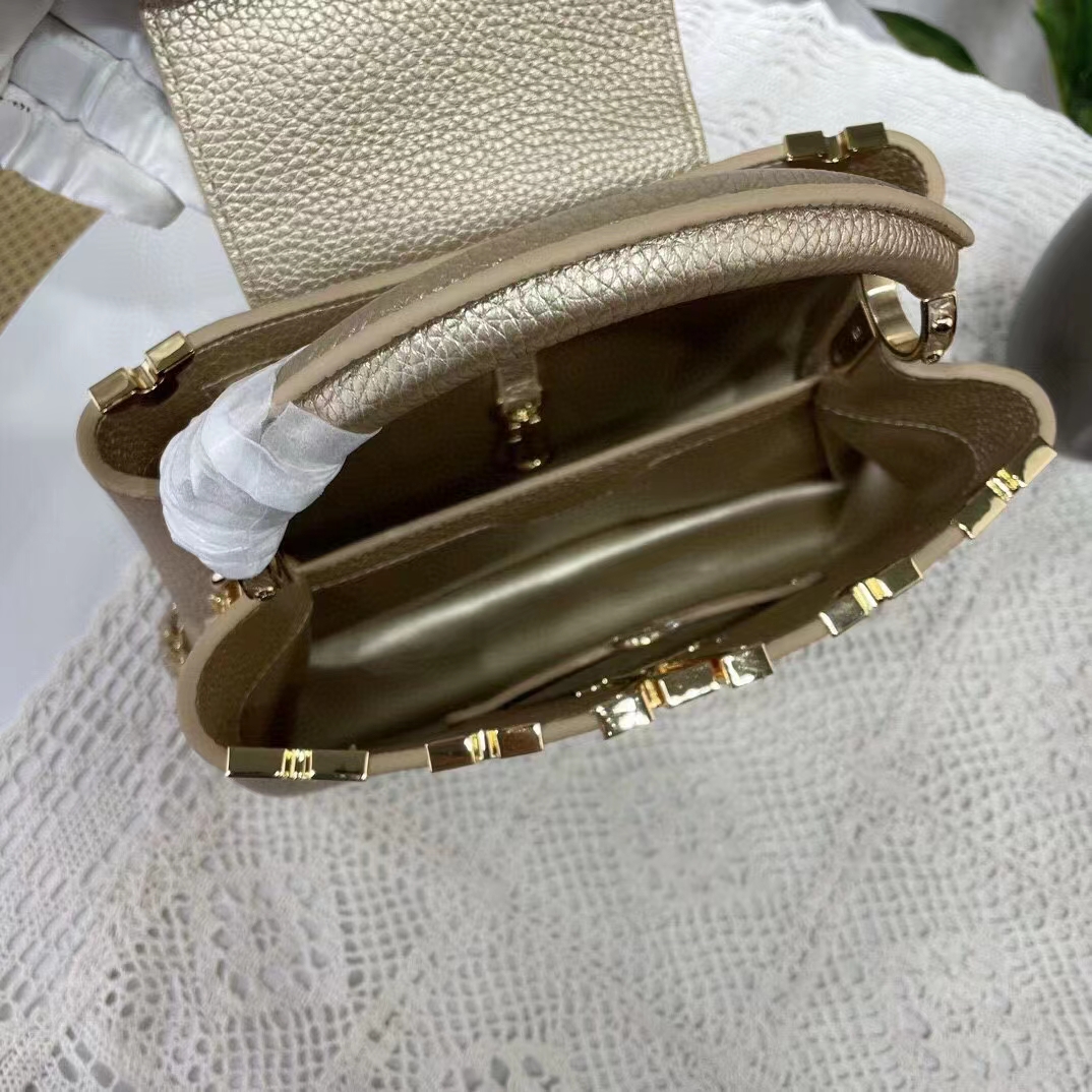 Louis Vuitton LV Women Capucines BB Hand Bag Etain Metallic Gray Taurillon Leather