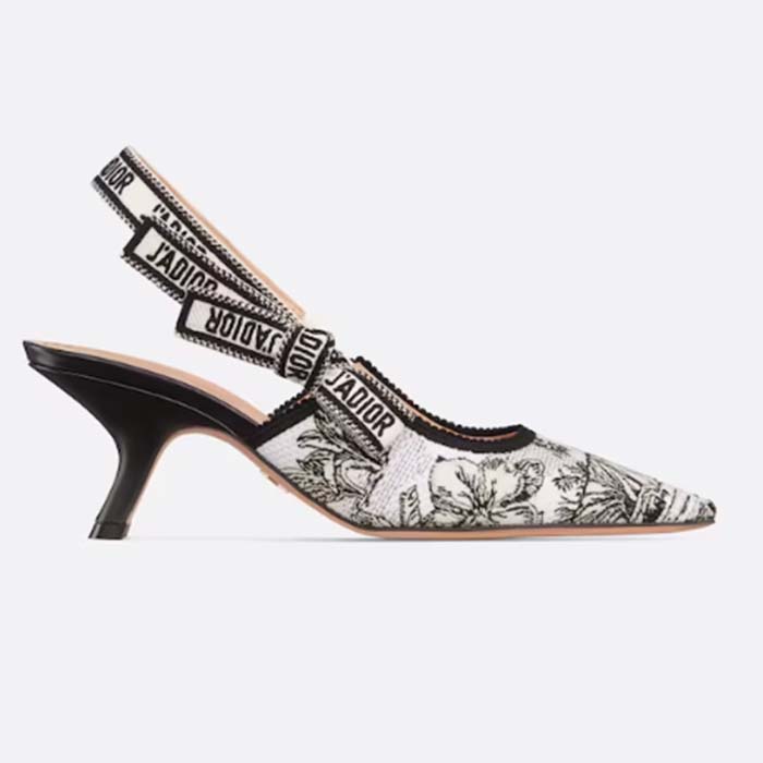 Dior CD Women J’Adior Slingback Pump White Black Embroidered Cotton Toile De Jouy Voyage