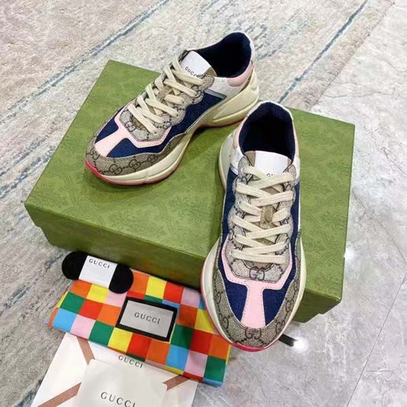 Gucci Unisex GG Rhyton Sneaker Beige Blue Pink GG Supreme Canvas Low Heel