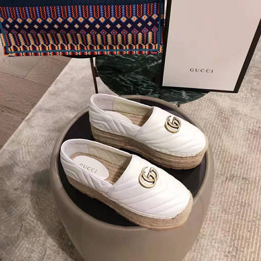 Gucci Women Leather Espadrille with Double G in Matelassé Chevron Leather-White