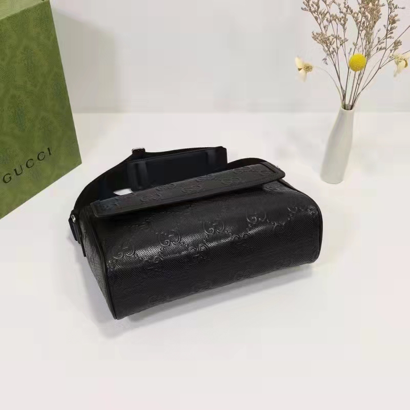 Gucci Unisex GG Embossed Messenger Bag Black GG Embossed Leather