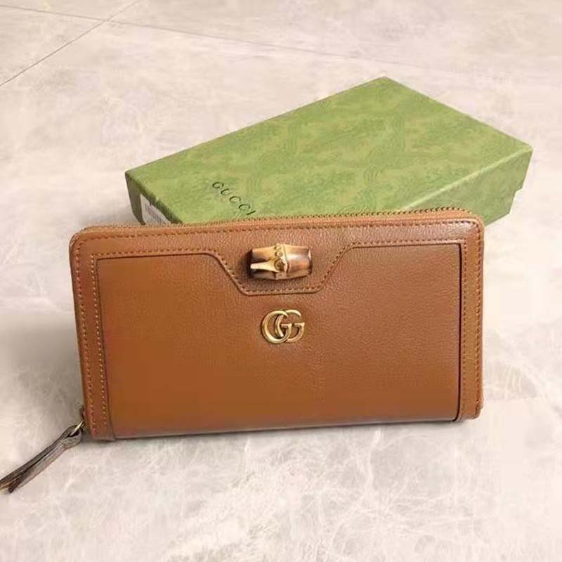 Gucci Women Gucci Diana Continental Wallet Double G Brown Leather Bamboo Detail