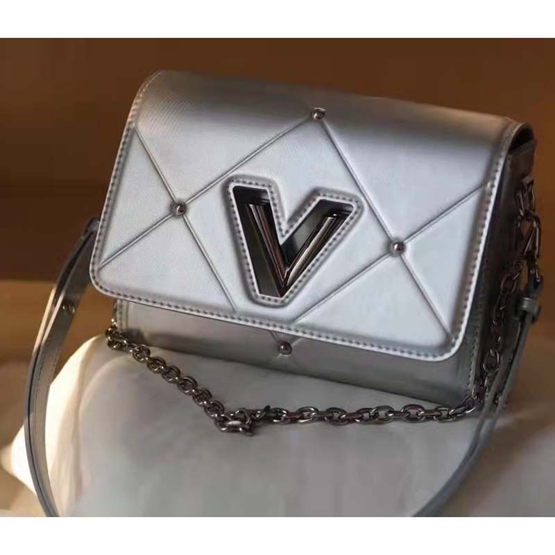 Louis Vuitton LV Women Twist PM Handbag Silver Argent Sheepskin Calfskin Leather