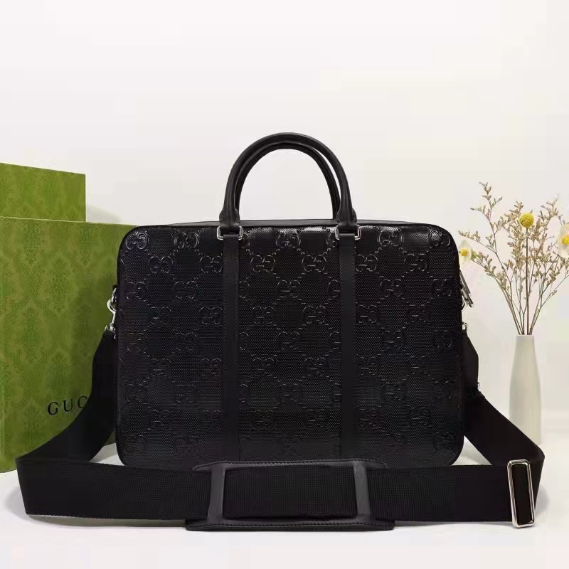 Gucci Unisex GG Embossed Briefcase Bag Black GG Embossed Leather