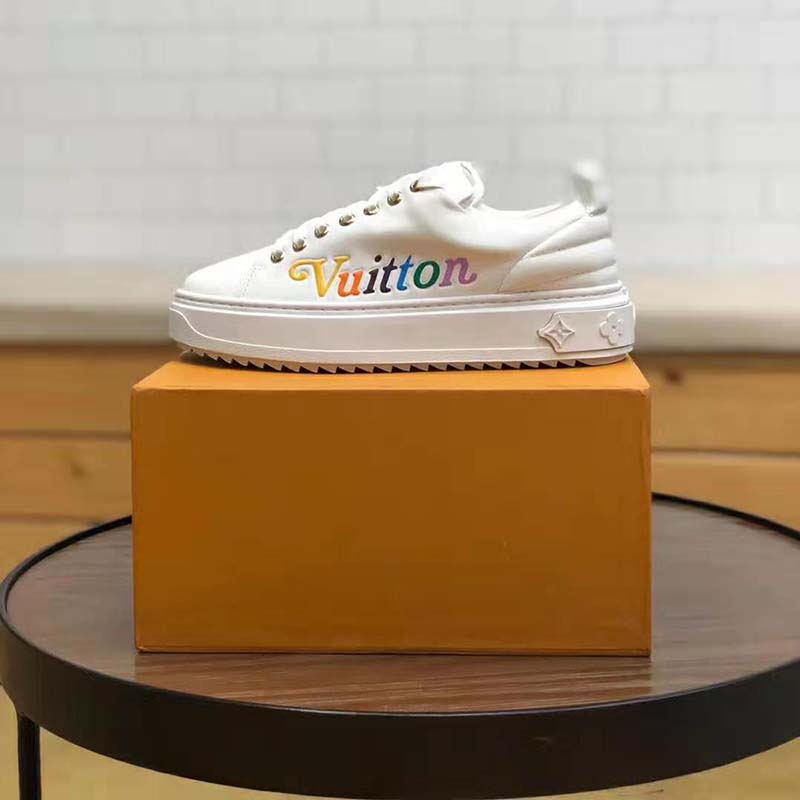 Louis Vuitton LV Unisex Time Out Sneaker in Supple Calf Leather with Rainbow-Colored Vuitton Signature-White