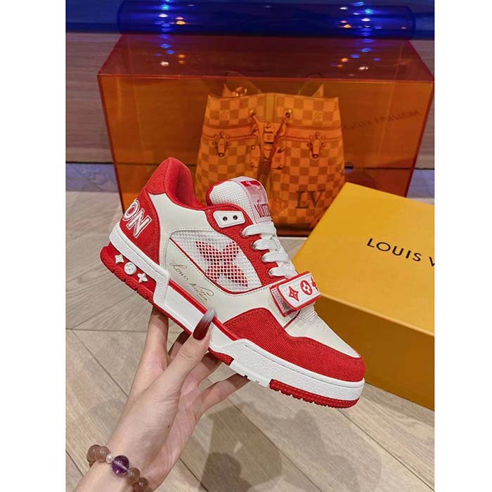 Louis Vuitton LV Unisex LV Trainer Sneaker Red Monogram Denim Rubber Outsole