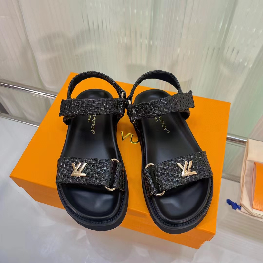 Louis Vuitton Women LV Sunset Flat Comfort Sandal Black Raffia Micro Outsole