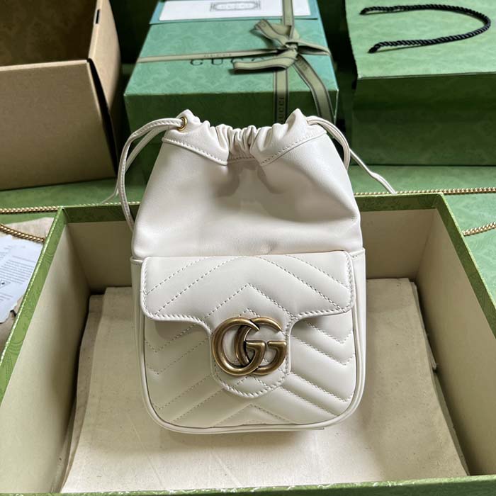 Gucci Women GG Marmont Mini Bucket Bag White Matelassé Chevron Leather Double G
