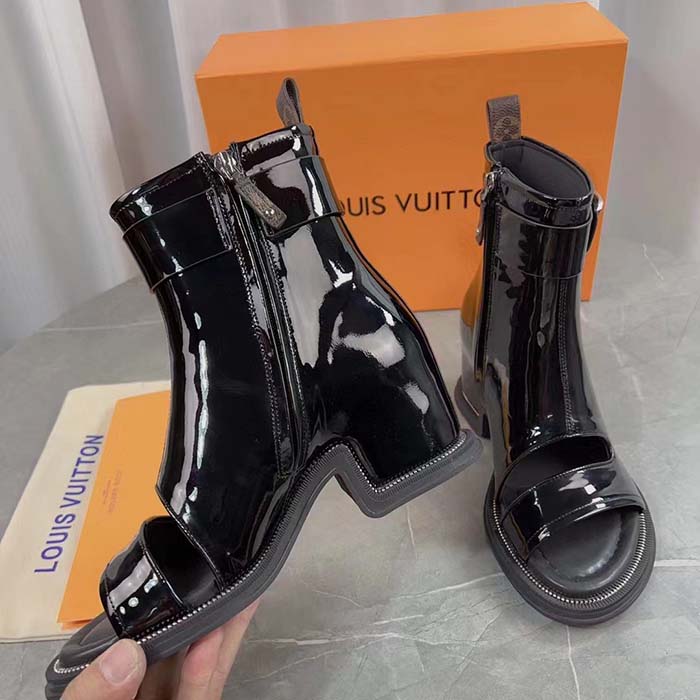 Louis Vuitton LV Women Moonlight Ankle Boot Black Patent Calf Leather Side Zip Padded Footbed Rubber