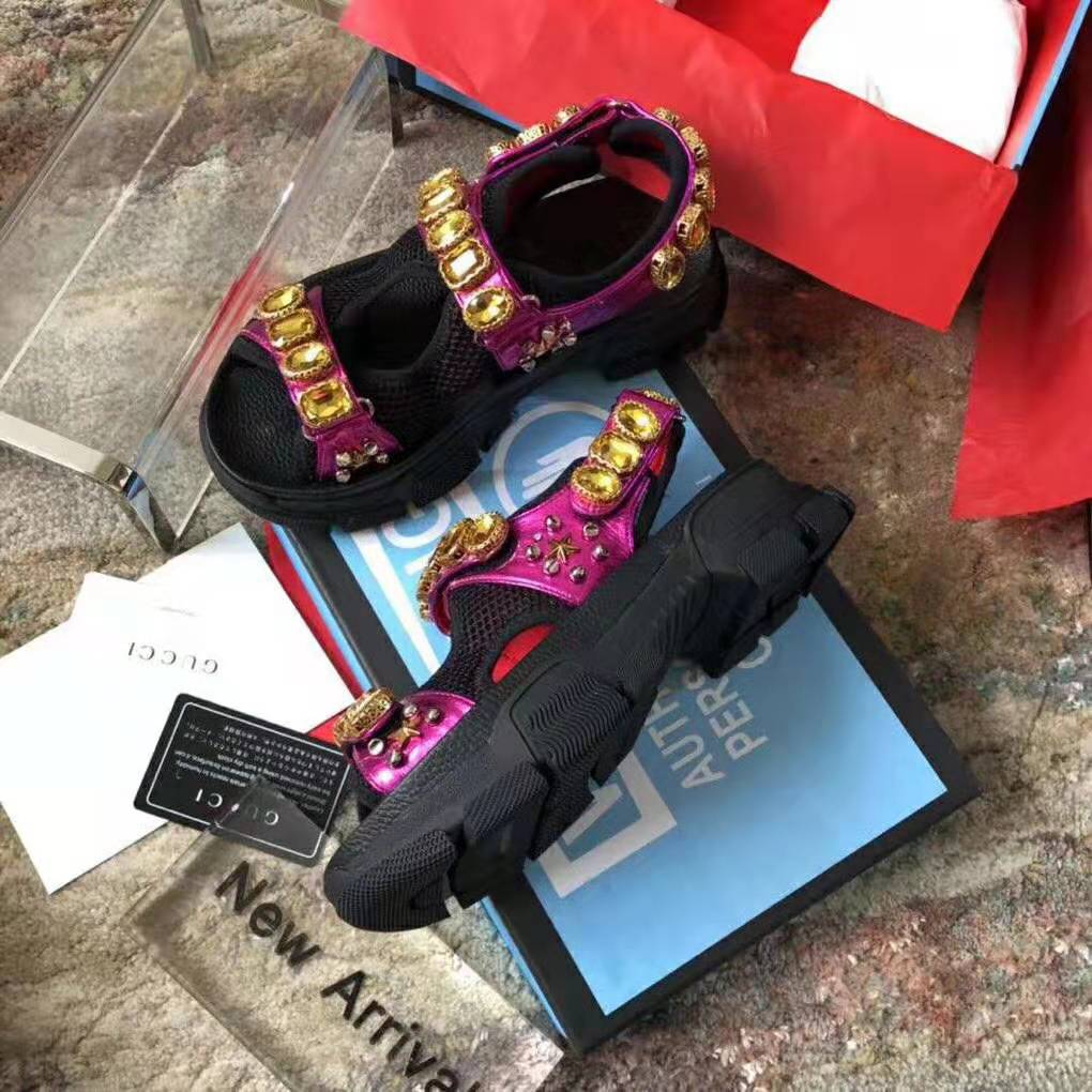 Gucci Women Metallic Leather Sandal with Crystals-Rose