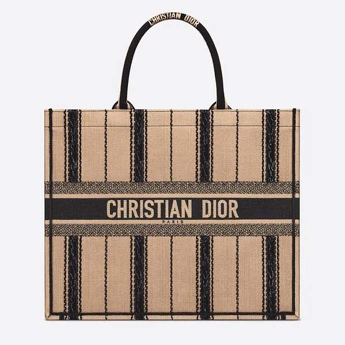 Dior Women Dior Book Tote Black and Beige Bayadère Embroidery