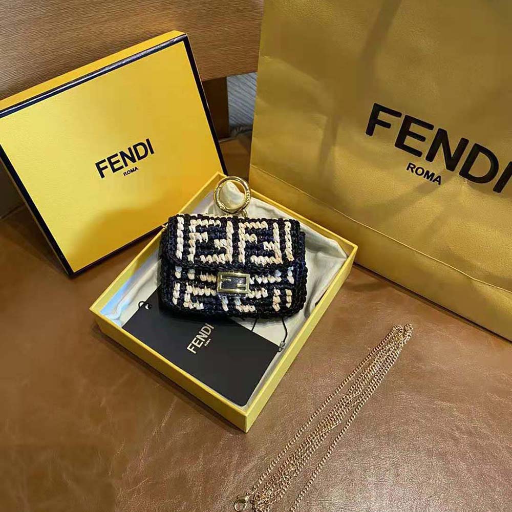 Fendi Women Nano Baguette Charm Black Raffia Charm