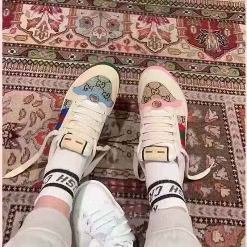 Gucci Unisex Screener Sneaker Crystals Beige Ebony GG Canvas 3.6 cm Heel