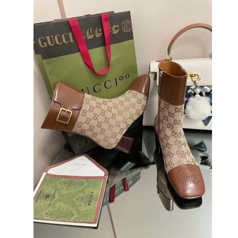 Gucci Women’s GG Canvas Ankle Boot Beige Ebony Canvas Leather Low 4 Cm Heel
