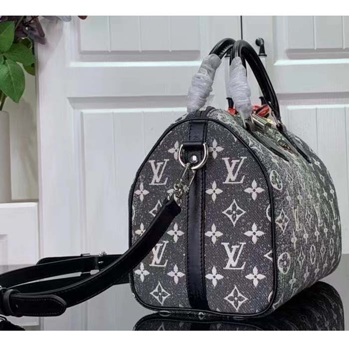 Louis Vuitton LV Women Speedy Bandoulière 25 Handbag Gray Denim Textile Jacquard
