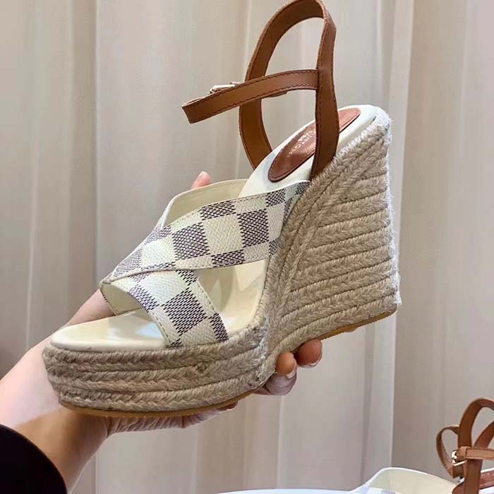 Louis Vuitton LV Women Starboard Wedge Sandal Natural Damier Azur Canvas Calf Leather