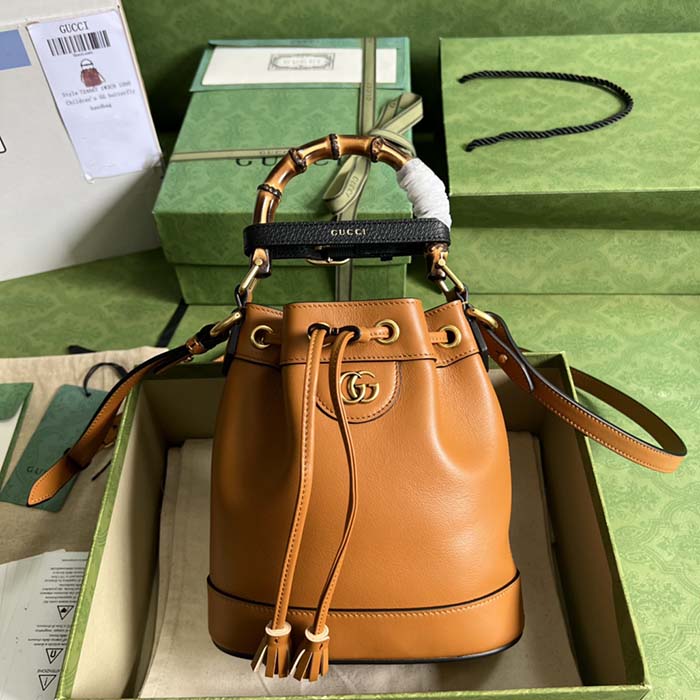 Gucci Women GG Diana Mini Bucket Bag Brown Leather Double G