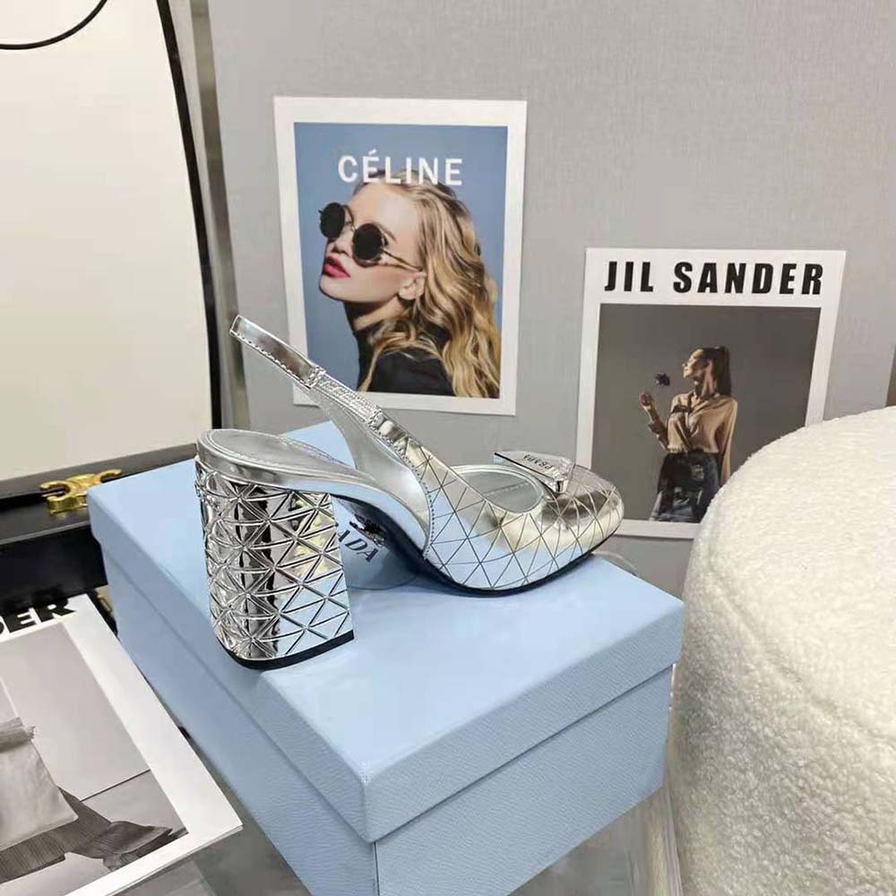 Prada Women Metallic Leather Slingback Pumps-Silver