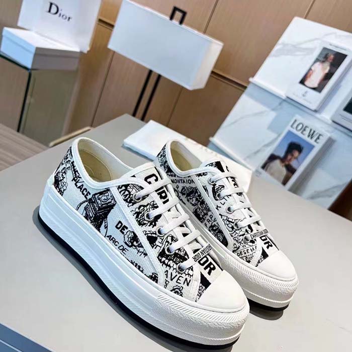 Dior Women Shoes CD Walk’N’Dior Platform Sneaker White Black Cotton Embroidered Plan De Paris