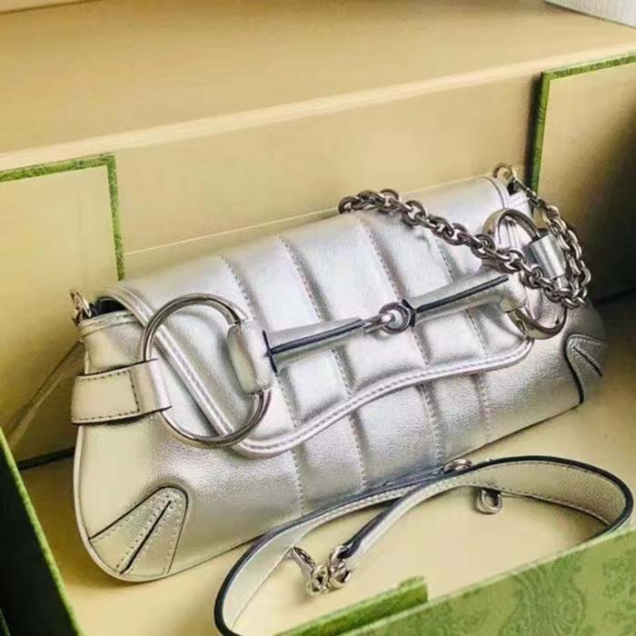 Gucci Women GG Horsebit Chain Small Shoulder Bag Silver Metallic Quilted Leather Maxi Horsebit