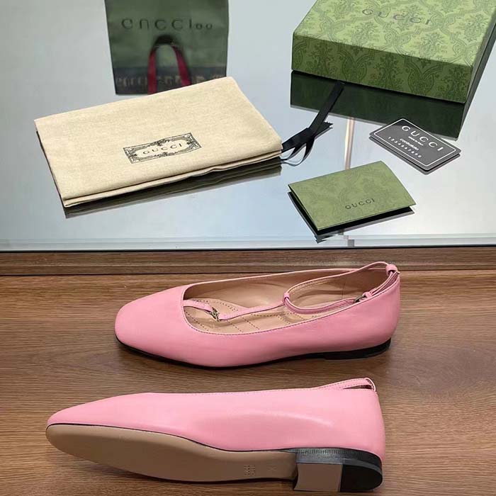 Gucci Women GG Ballet Flat Double G Pink Leather Sole Flat 1 Cm Heel