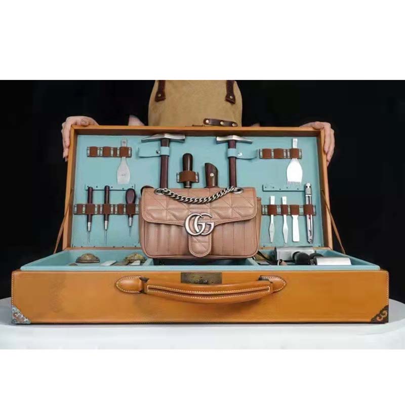 Gucci Women GG Marmont Mini Shoulder Bag Beige Double G Matelassé