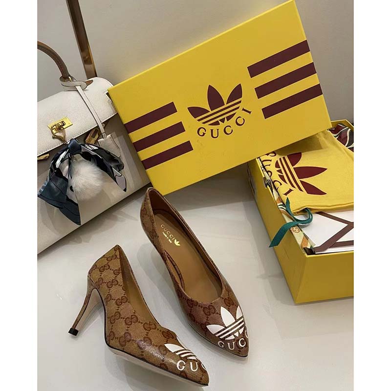 Gucci Women Adidas x Gucci GG Pump Beige Brown GG Crystal Canvas 9 Cm Heel