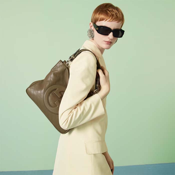 Gucci Women GG Blondie Small Tote Bag Brown Leather Round Interlocking G