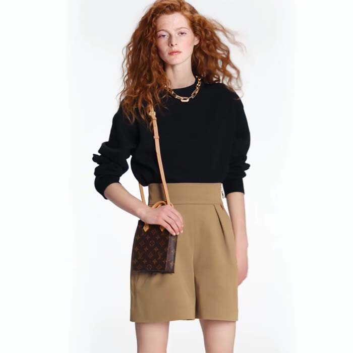 Louis Vuitton LV Unisex Petit Sac Plat Bag Monogram Coated Canvas Aged Natural Cowhide Leather