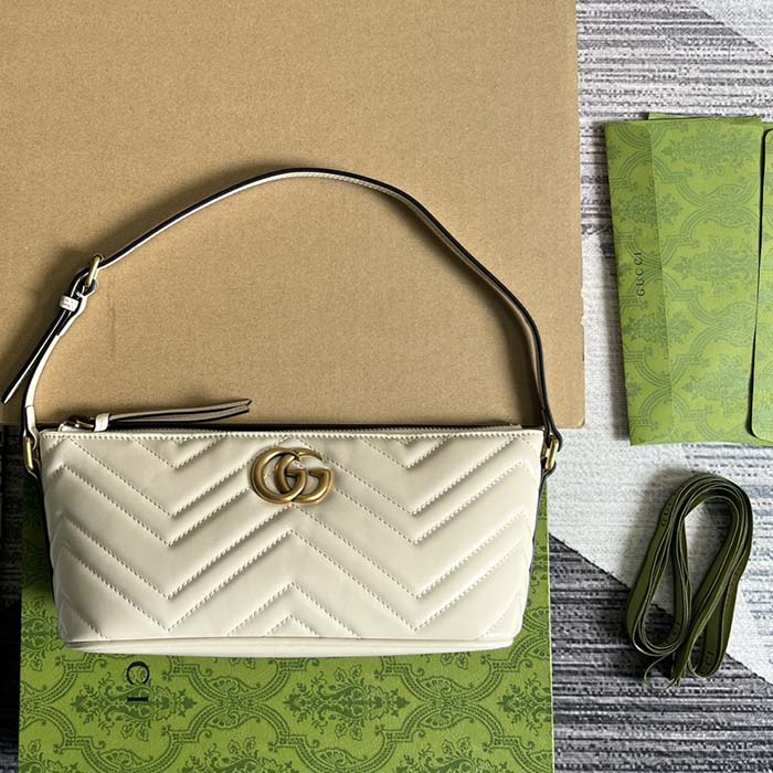 Gucci Women GG Marmont Shoulder Bag White Matelassé Chevron Leather Double G