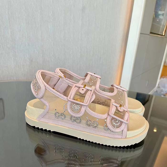 Gucci Women GG Sandal Crystals Rose Beige Mesh Tonal Suede Rubber Sole Flat
