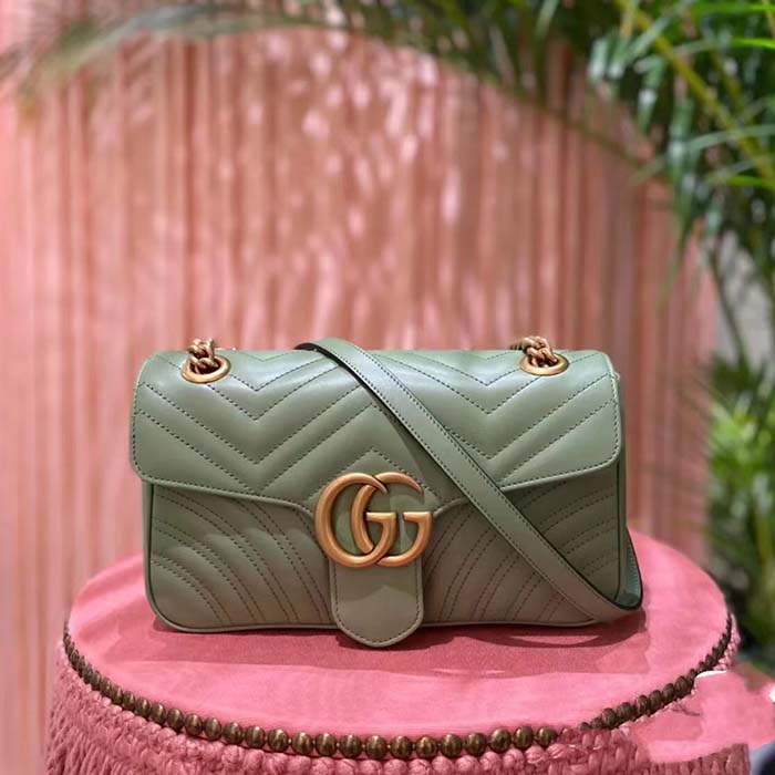 Gucci Women GG Marmont Small Shoulder Bag Sage Green Matelassé Chevron Heart
