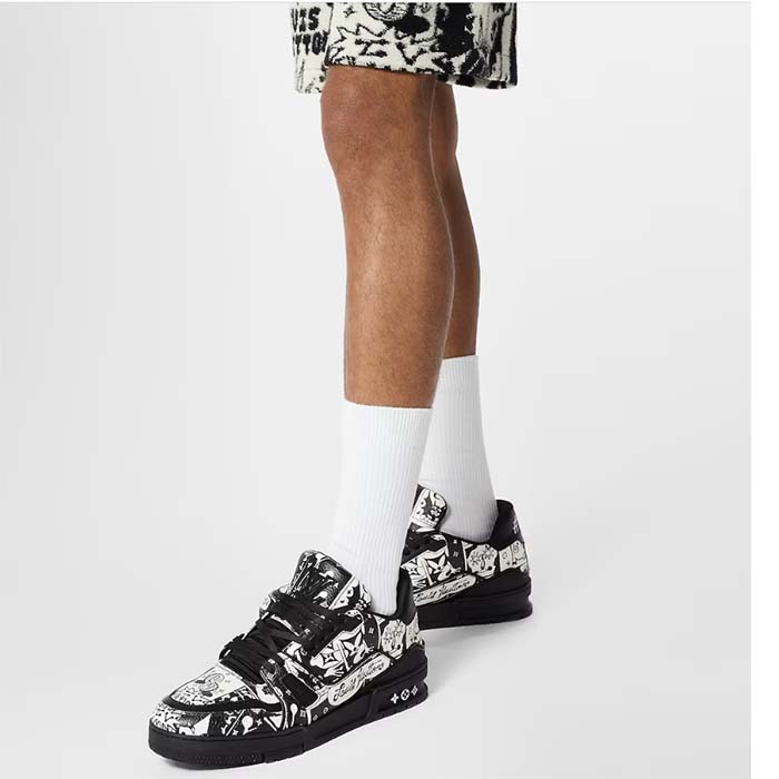 Louis Vuitton Unisex LV Trainer Sneaker Black Printed Canvas Rubber Outsole Monogram Flowers