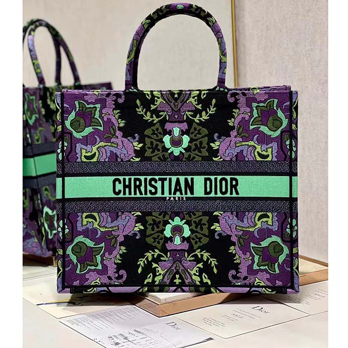 Dior Women CD Large Dior Book Tote Multicolor Dior Indian Purple Embroidery