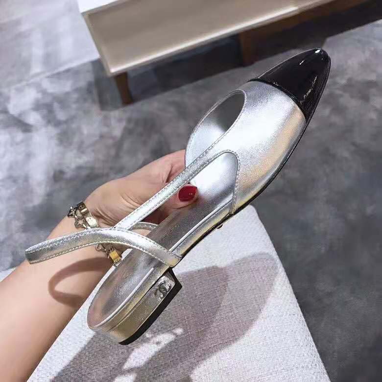 Chanel Women Slingbacks in Metallic Lambskin & Satin-Silver